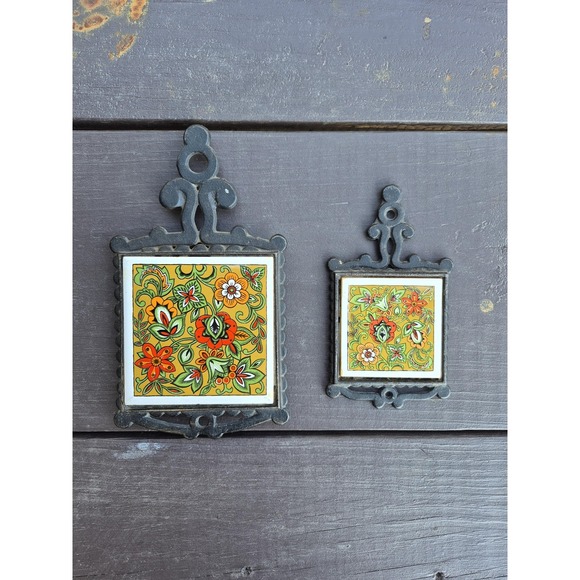 Other - Vintage Cherry Japan Cast Iron Wall Plaques Set Retro 1970s Floral Tile Wall